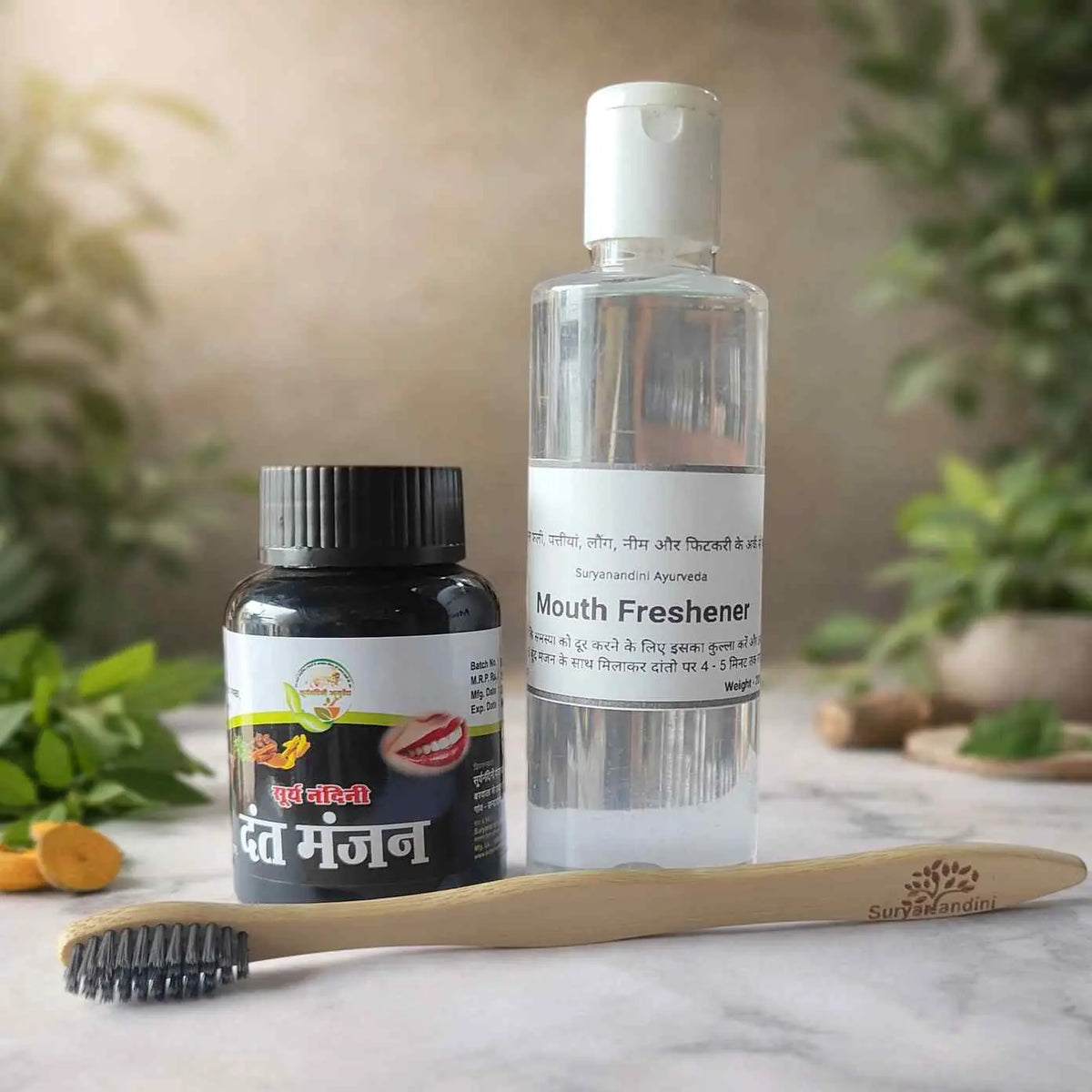 Oral Care Combo: 1 Ayurvedic Dantmanjan 70g + 1 Mouth Freshner 200ml + 1 Bamboo Toothbrush